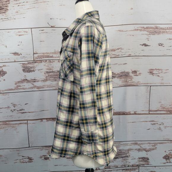 NSF Plaid Flannel Popover Shirt 1/2 button Raw Hem Size Small - Picture 3 of 9
